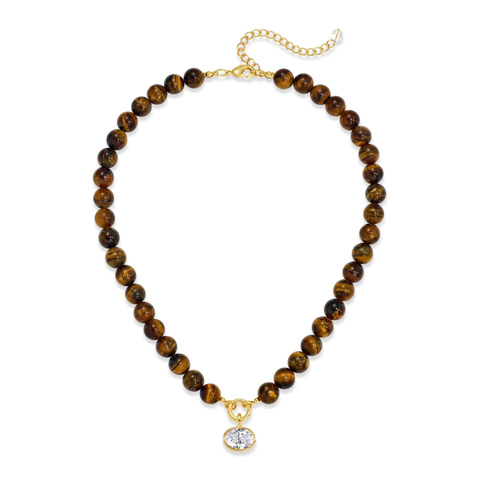 Natural Stone Beaded Necklace for Women 10mm Round Bead Choker with Detachable Crystal Pendant Adjustable Boho Statement Jewelry Gift