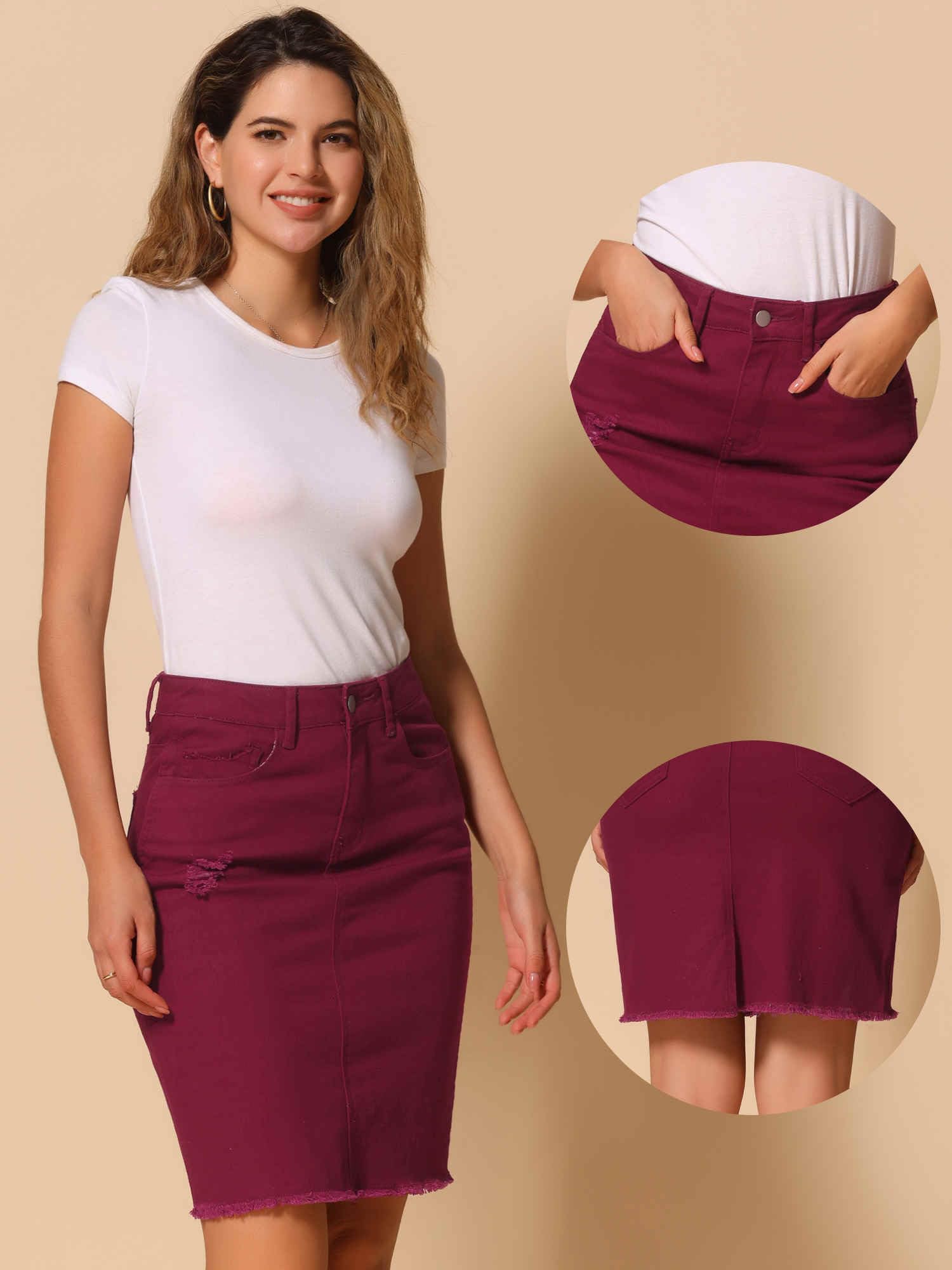 Allegra K Jupe en jean pour femme, style décontracté, longueur genou, longueur genou