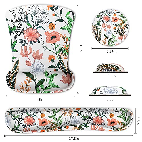 Floral Flower Wrist Rest Support Ergonomic Mouse Pad & Keyboard Set Memory Foam Non-Slip Rubber Base Cute Mouse Mat Coaster For Home,Computer,Office Easy Typing And Relieve Wrist Pain #TOP5