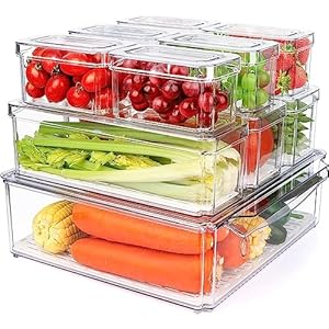 KAHEIGN 10 Stks Koelkast Organizers, 3 Maten Clear Stapelbare Opbergbak BPA Gratis Plastic Container voor Keuken Werkbladen Kasten Koelkast Opslag Drankjes Fruit Groente Granen
