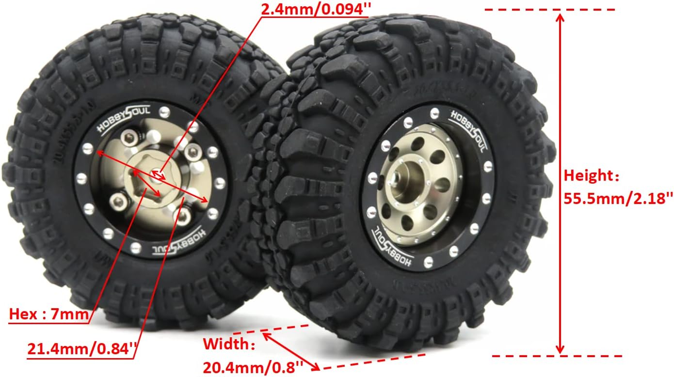 hobbysoul RC 1/24 Tires & Heavy Adjustable Offset 1.0 beadlock Wheels, 1.0 Wheels Rims and Tires for 1:24 RC Crawler Axial SCX24,(4-Pack, Assembled)
