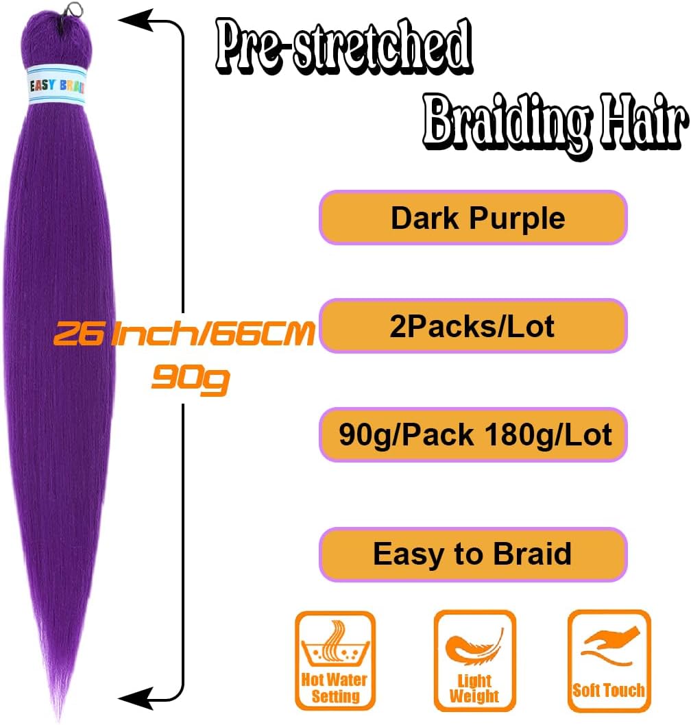 Dark Purple Braiding Hair Pre Stretched Yaki Straight 2 Packs 90g/Pack Extra Long Hair Extensions Crochet Braids 26 Inch/66 CM - Image 4