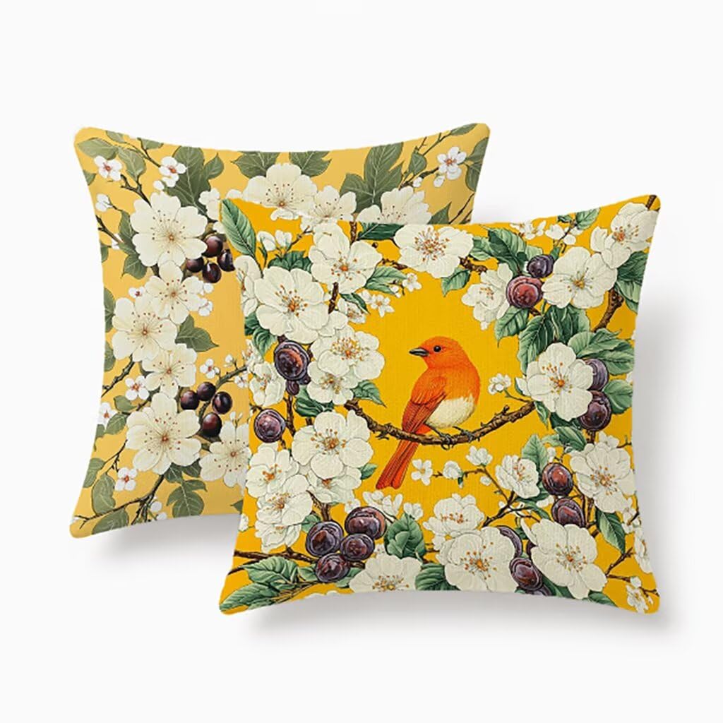 Housses de coussin 60x60cm lot de 2 lin jaune au design oiseau et finitions luxe