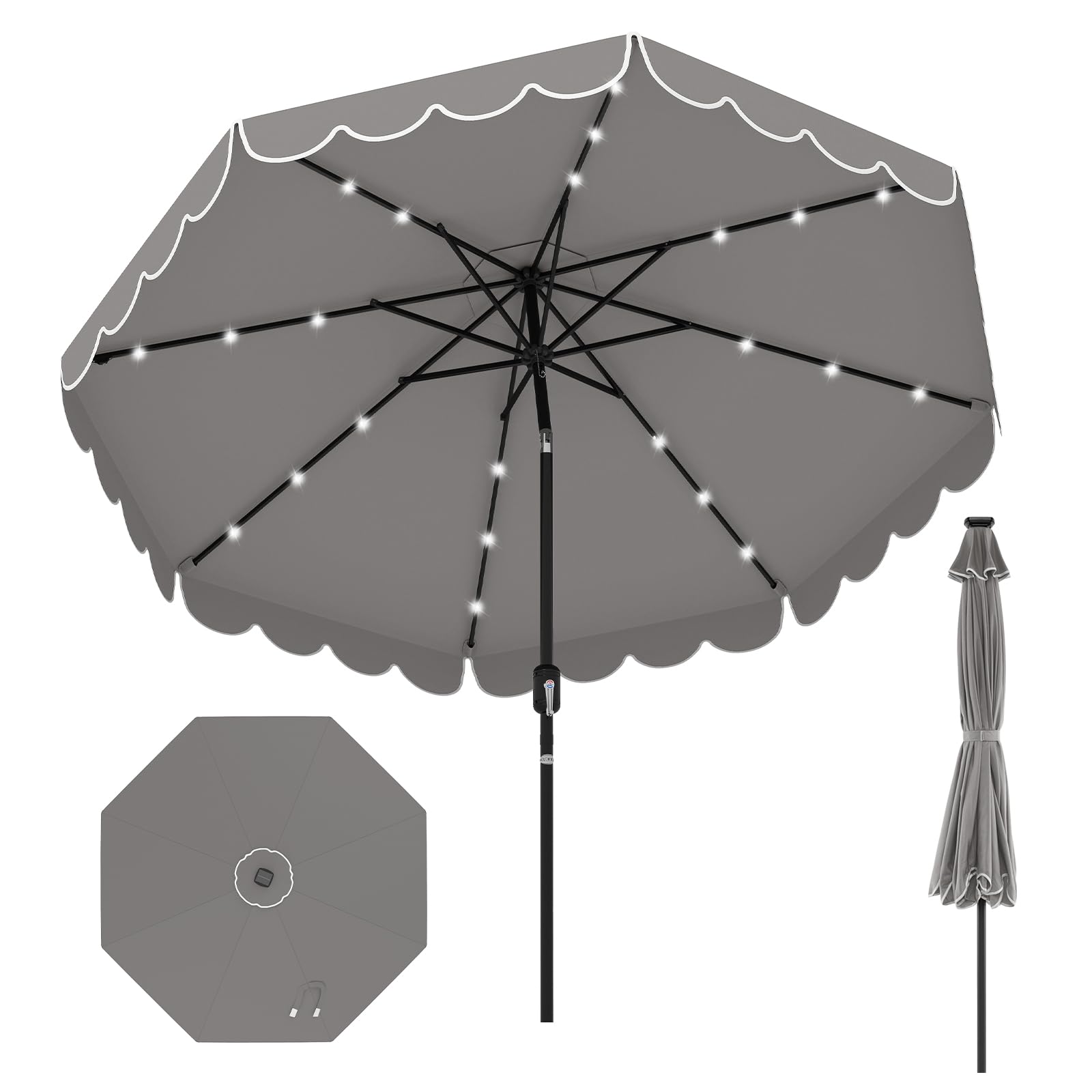 RELAX4LIFE Ombrellone da Giardino 3x3M, Ombrellone da Esterno con 24 Luci LED, Inclinazione Regolabile, Apertura a Manovella, Top Ventilato, per Giardino Piscina Patio (Grigio)