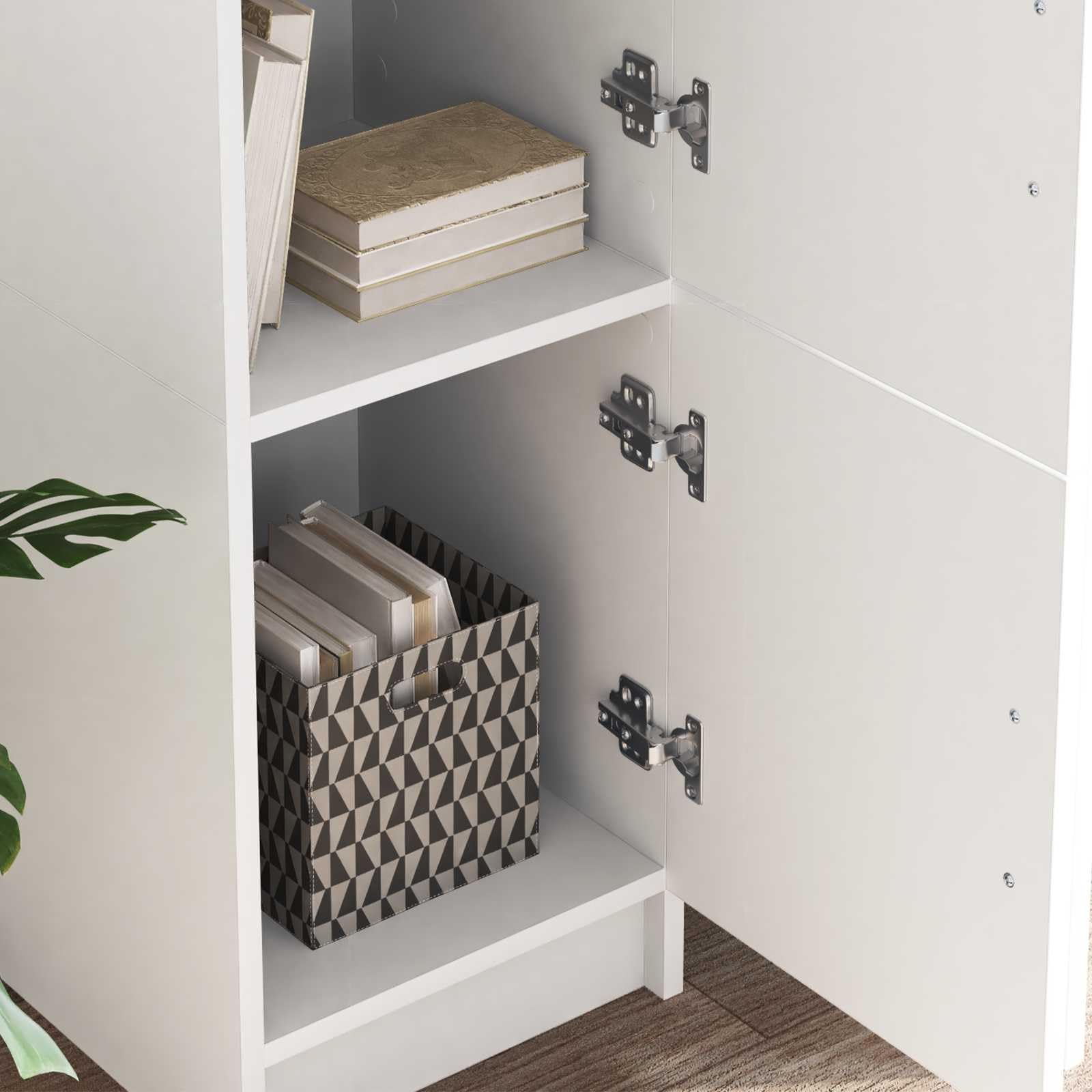 Schreibtisch Set 2er Weiß, Schreibtischplatte aus Holzwerkstoff, 133,5 x 50 x 124 cm, mit Highboard und Scharniertüren, für Homeoffice Büro Ordnung