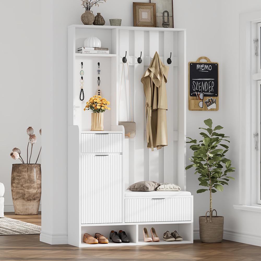 Ensemble multifonctionnel de rangement 100*30*180cm, Porte-manteau avec 8 crochets, banc à chaussures et étagère, dispositif anti-basculement, porte-manteau compact avec tiroirs et placard, blanc