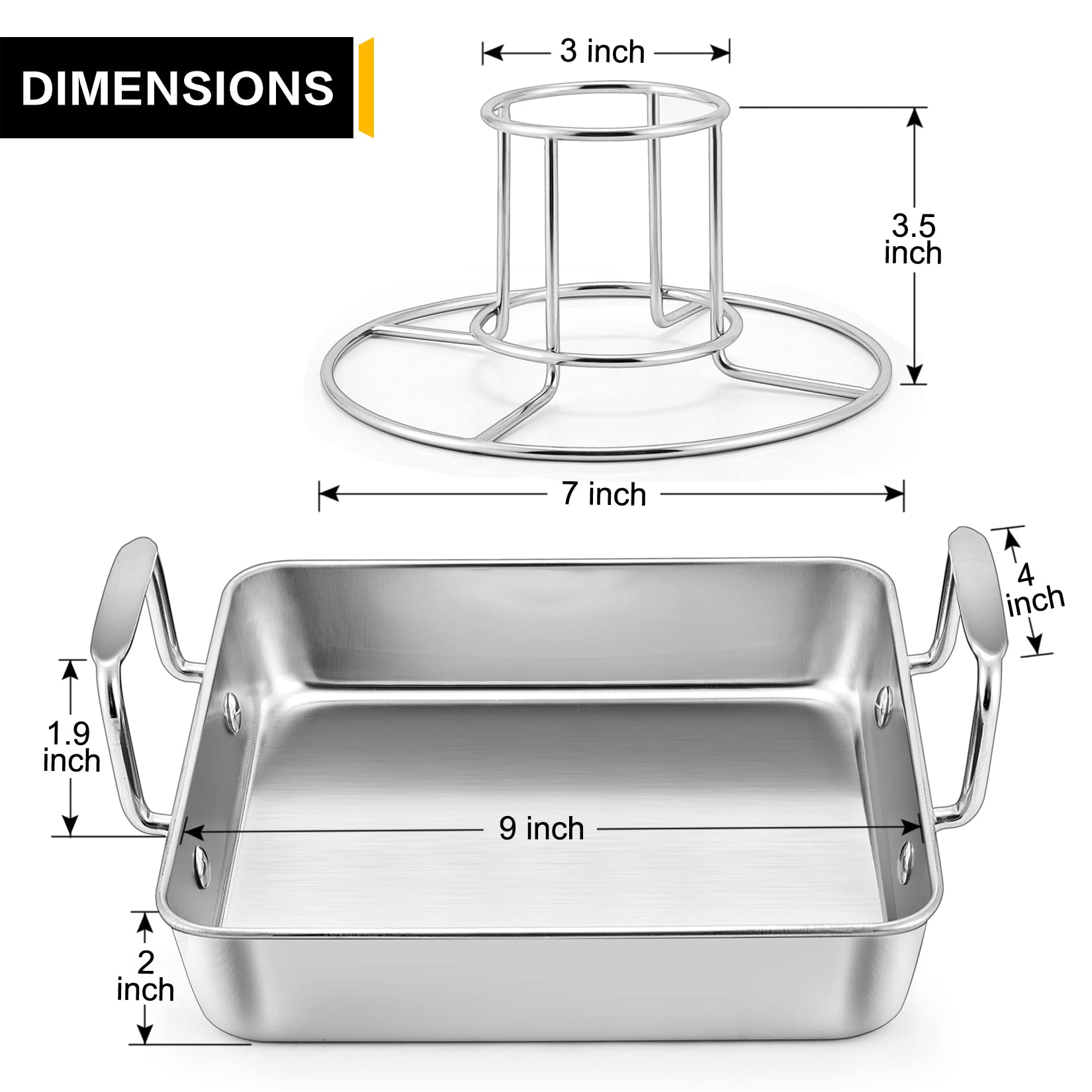 Juego de soporte para pollos de cerveza con bandeja para asar, molde cuadrado de acero inoxidable de 9 pulgadas y estante para pollo para asar, resistente y apto para lavavajillas, 2 unidades 2