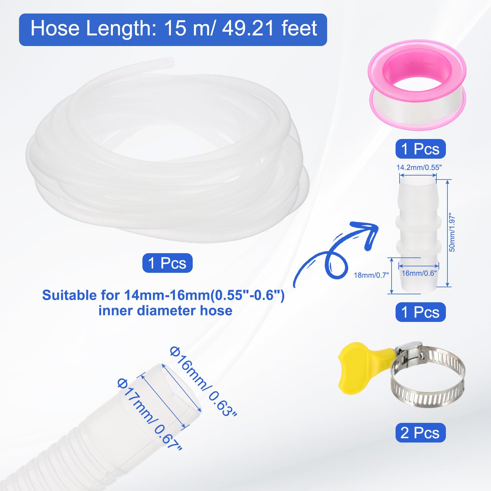 PATIKIL Desagüe Manguera Kit, 15m Drenaje Manguera para Aire Acondicionado Universal con Cinta Adhesiva 2pcs Abrazaderas para Reemplazo Mini Split Bomba Extensión, Transparente