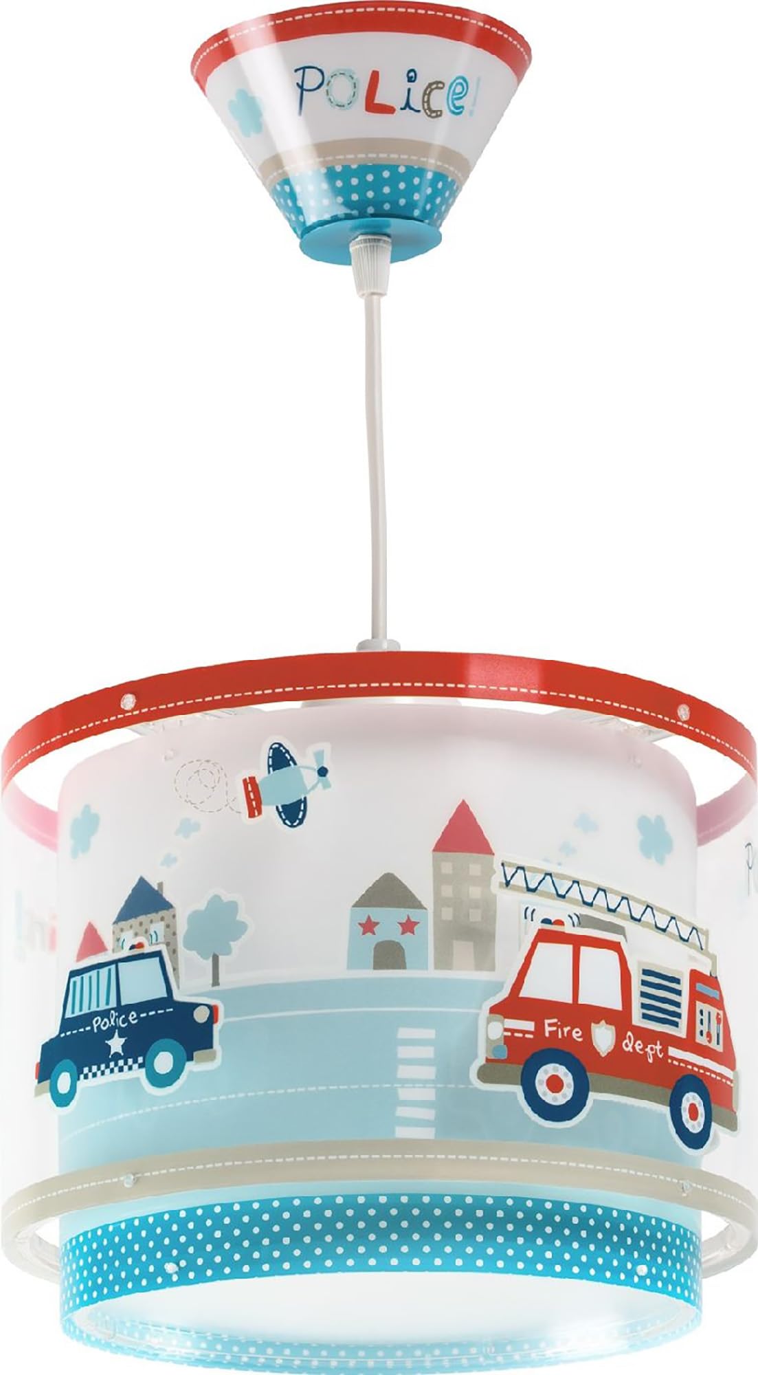 Lampada da soffitto a sospensione per bambini Dalber Police, con auto della polizia e camion dei pompieri, 60612M, E27, lampade per bambini, cameretta dei ragazzi.