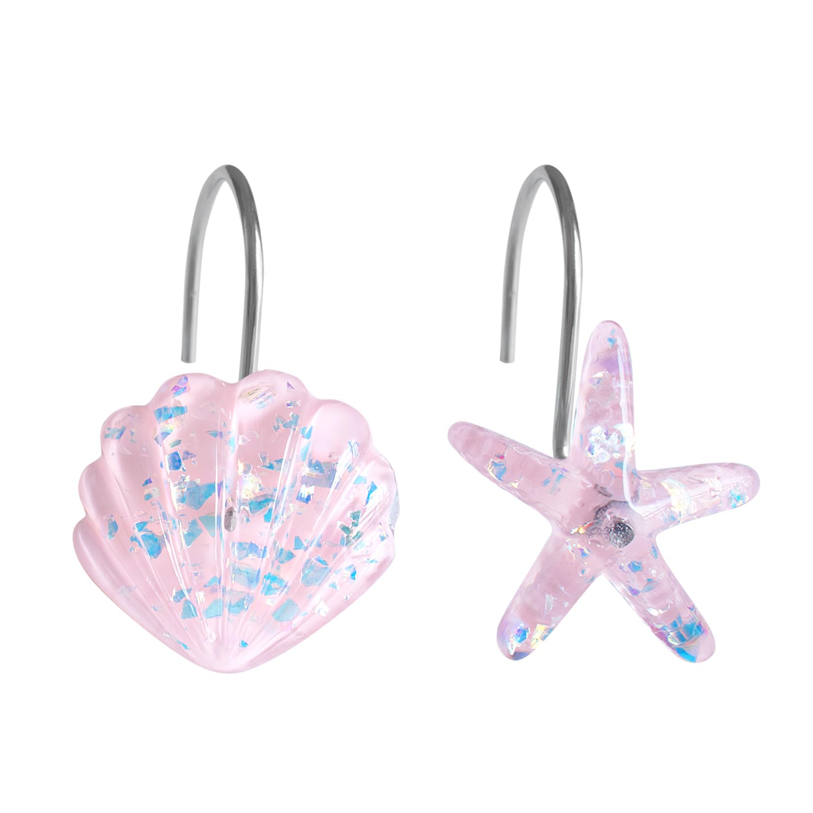 Faitove Seashell Shower Curtain Hooks Starfish Shower Curtain Rings for Bathroom Rustproof Decorative Hangers Pink Girls 12 PCS