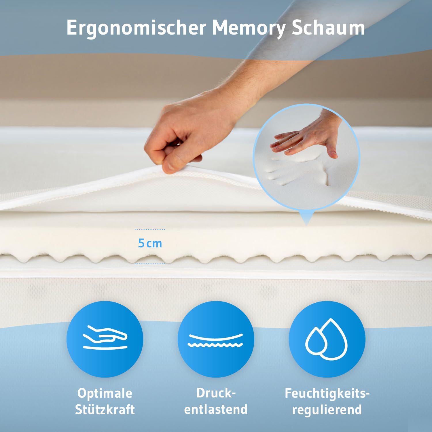 Topper 70x200cm AERO, Oekotex Zertifiziert, Memory Foam Matratzentopper 70x200, Atmungsaktiver Mesh-Bezug, Gummizug für festen Halt, Designed in Germany, Made in Europe, Matratzen-Auflage mit 5 cm