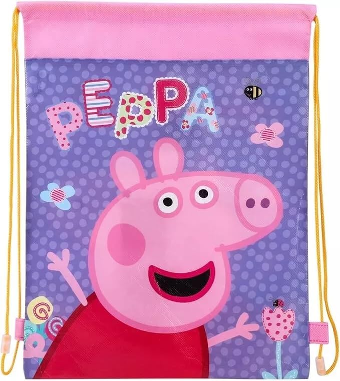 GIFTIDEAZZ Kids Character Design Drawstring Bags – Perfect for PE, Sports & School | Fun and Durable Gym Sack for Boys & Girls (Peppa Pig Purple Drawstring Bag)