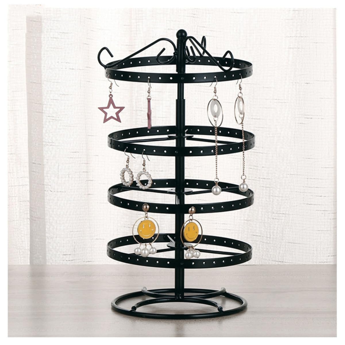 Healvian Espositore Orecchini in Metallo Rotante 4 Livelli 168 Fori Nero | 1 Pezzo, Struttura in Ferro, Uso Casa e Negozi, Semplice ed Elegante, Organizzazione Gioielli