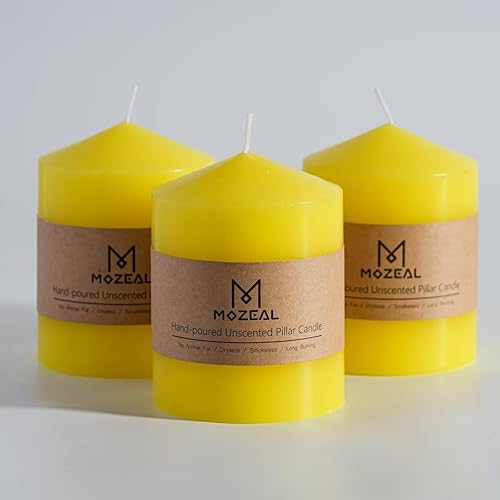 Juego de 3 velas de pilar amarillo sin perfume vertidas a mano de 3 x 4 pulgadas, sin humo, combustión limpia, aproximadamente 60 horas de tiempo de