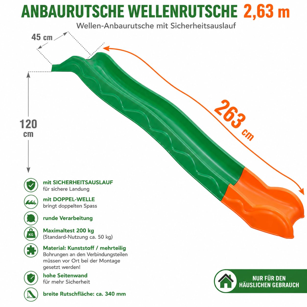 Spielturm Rutsche 2,63 m Grün – Wellenrutsche Anbaurutsche für Podesthöhe 120 cm, Kunststoff mit Sicherheitsauslauf, Doppelwelle, hohe Seitenwände, Gartenrutsche