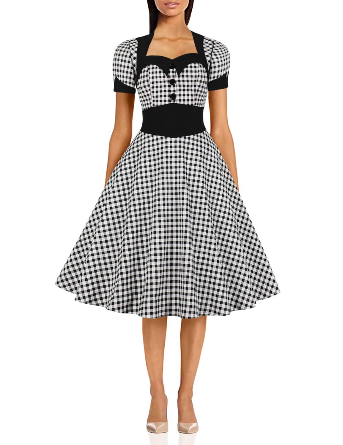 KILLREAL Women's 50S Retro Rockabilly Short Sleeves Lapel Collar Office Dress