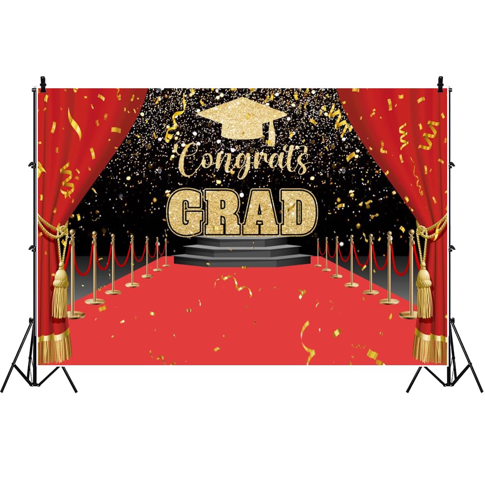 10x8ft Congrats Grad Backdrop,Graduation Backdrop Banner for Class of 2025 Graduation Photography Background,Red Curtain Stage Golden Flash Ribbon