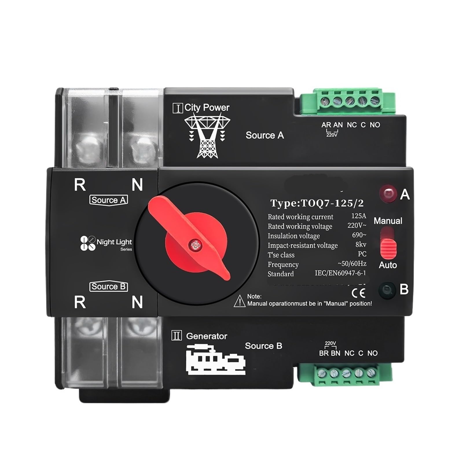 Interruptor de transferencia automatica ATS doble potencia 2P 100A para redes de 220V 7