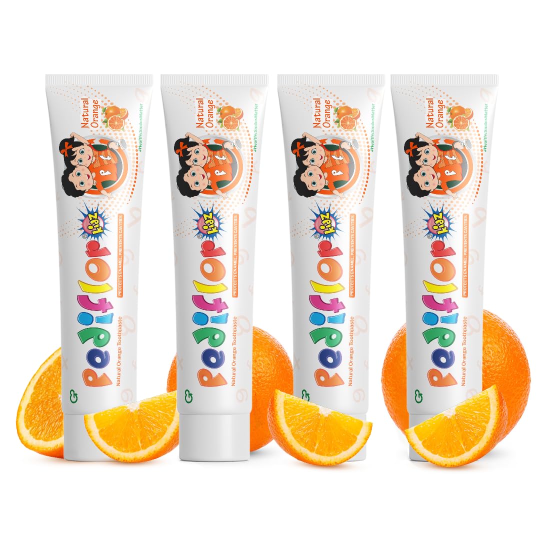PediflorKidz Anticavity Fluoride Orange Flavor Toothpaste for children | Family combo pack | Vegan Friendly (Pack of 4) 70g each-image-4