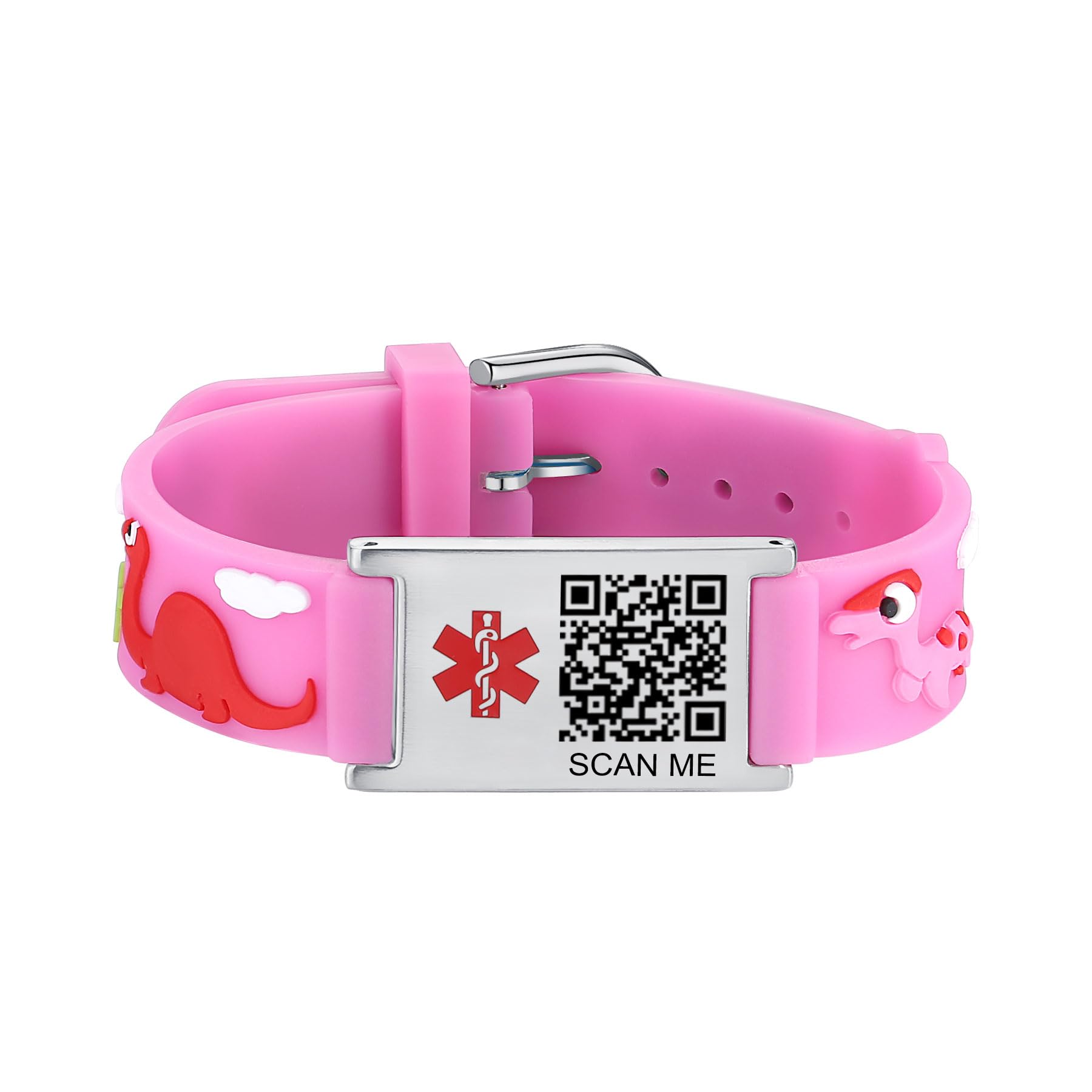 LinnaLove Medical Alert ID Bracelet – Custom or Pre-Engraved, QR Code Available,Blue Dinosaur Band