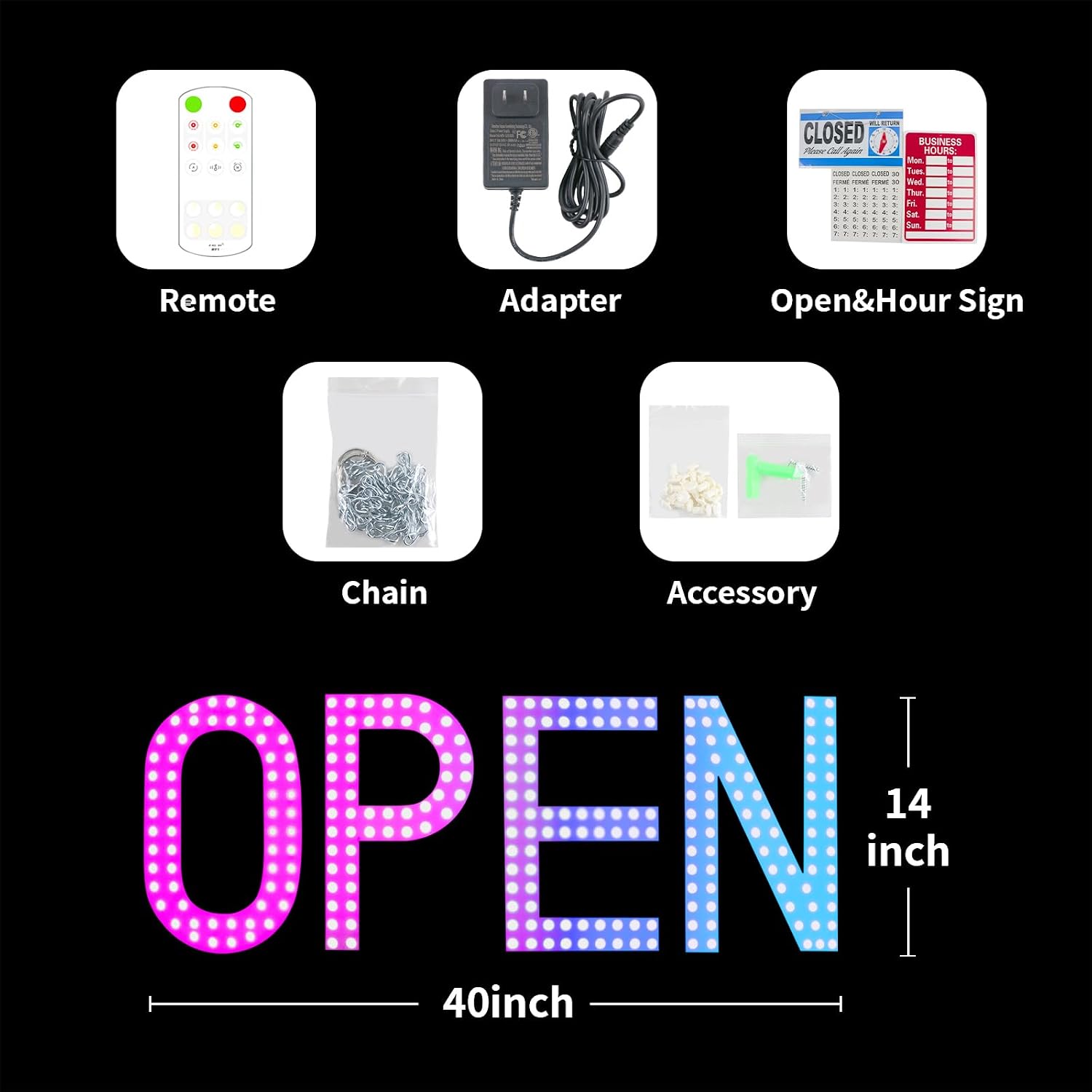 Large LED Open Sign for Business - Unique Design super Bright Open Signs With chain - High Visibility for Stores, Bar, Hotel, Retail Shops,Window, Salon, Restaurant, Office (Multi-color with remote&app control, 40 "x 14")