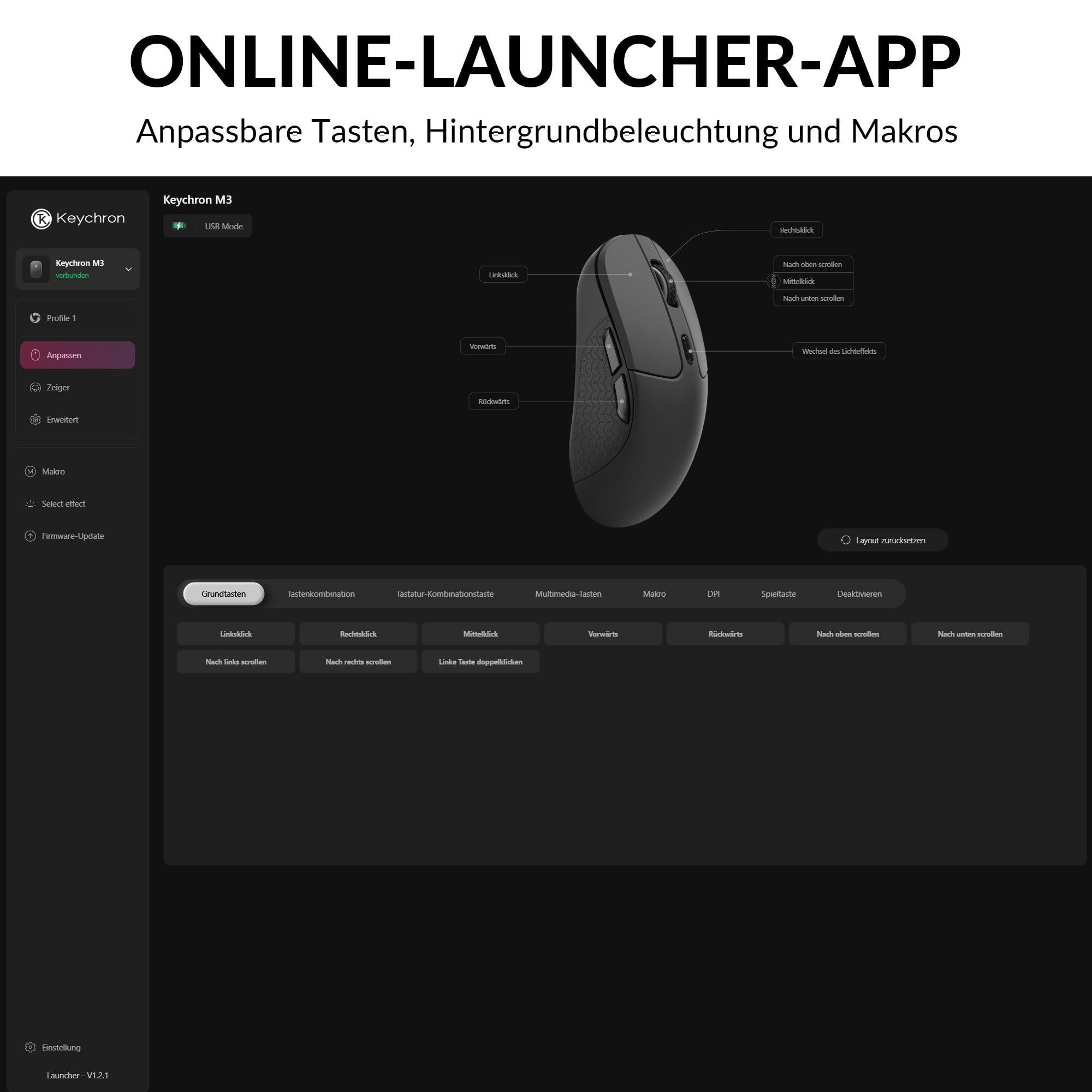 Keychron M3 programmierbare kabellose Maus, 2,4 GHz/Bluetooth 5.1/USB-C-Anschluss, 26000 DPI, PAW3395-Sensor, RGB-LED, 70 Stunden Akkulaufzeit, 79 g Gaming-Maus für PC, Mac und Laptop – Schwarz