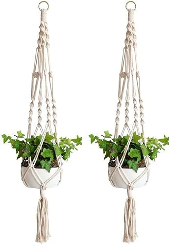 WIWAPLEX Colgador de macramé para colgar plantas, cuerda de algodón, 4 patas para decoración de interiores y exteriores, juego de 2 (34 pulgadas)