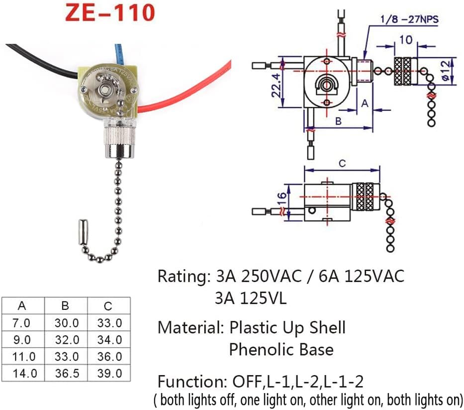 Ceiling Light Switch,ZE-110 3 Way 3-Wire Fan Light Switch Replacement Pull Chain Switch Compatible with Hunter Ceiling Fan (Nickel)