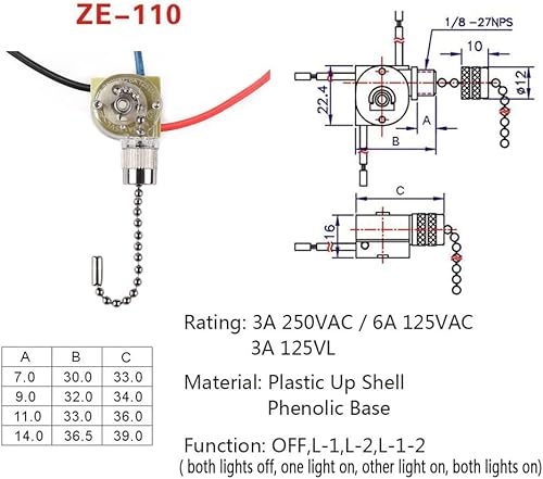 Miniatura 9 de ZE-110 - Interruptor de luz de techo, 3 vías y 3 cables, interruptor de cadena de repuesto compatible con ventilador de techo Hunter (cadena de