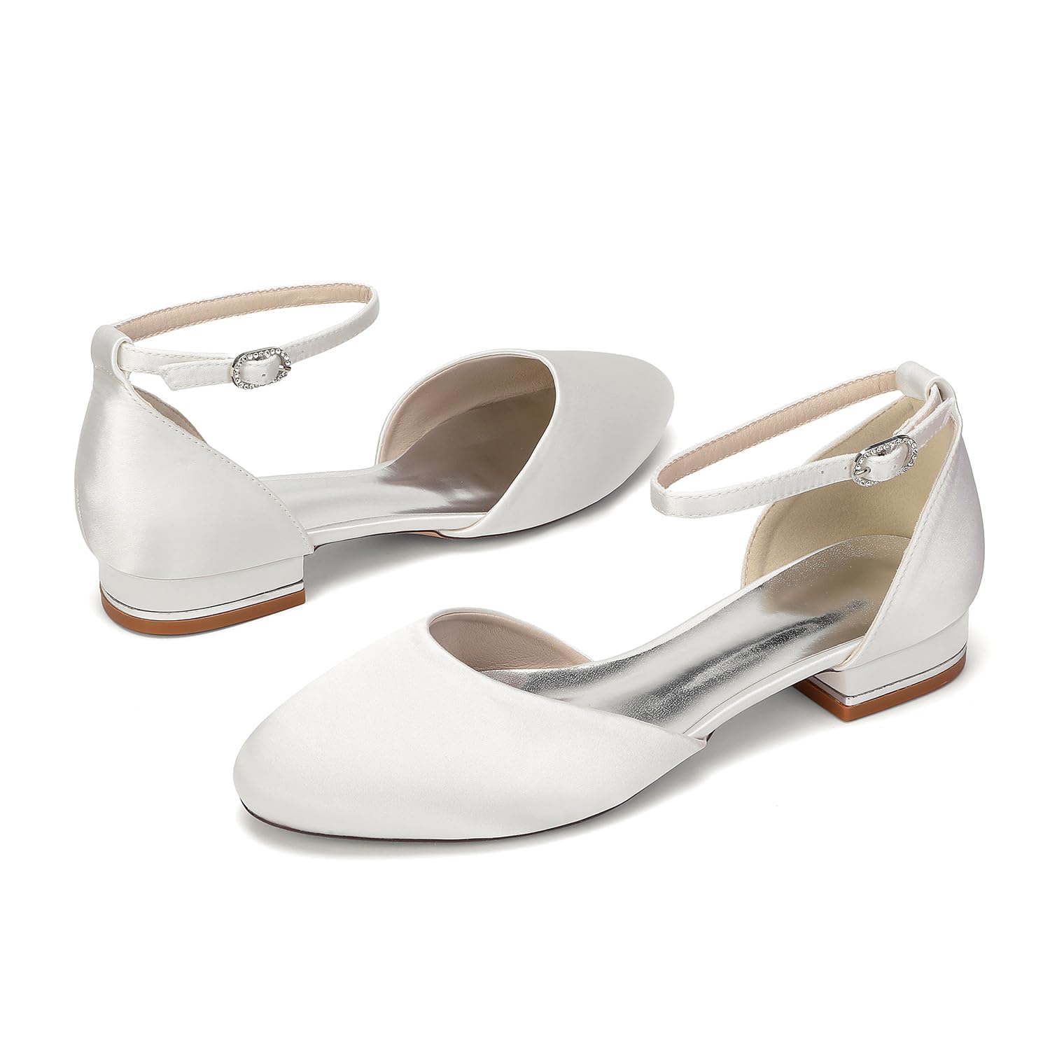 Ballerine Mary Jane in Raso Bianco Donna, Scarpe da Sposa a Punta Tonda con Cinturino alla Caviglia e Taglio D'Orsay, Eleganti Scarpe Basse da Cerimonia