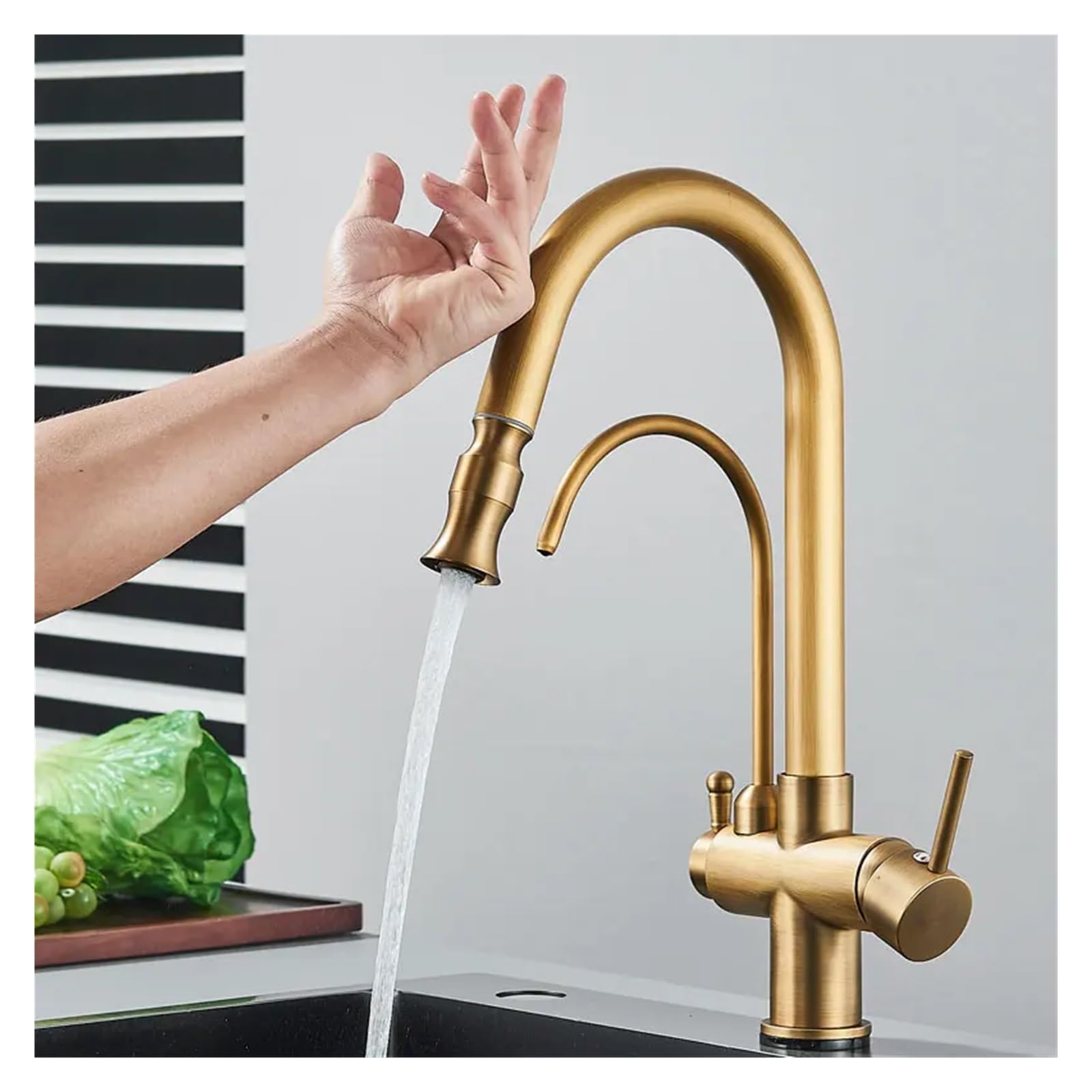 GLETSF 3 Kitchen Mixer Tap With Drinking Water Filter Brass Pullout Spray Faucet 360Swivel Design For Easy Use Durabkitchen Tap For Home & Restaurant,Black+gold,Black