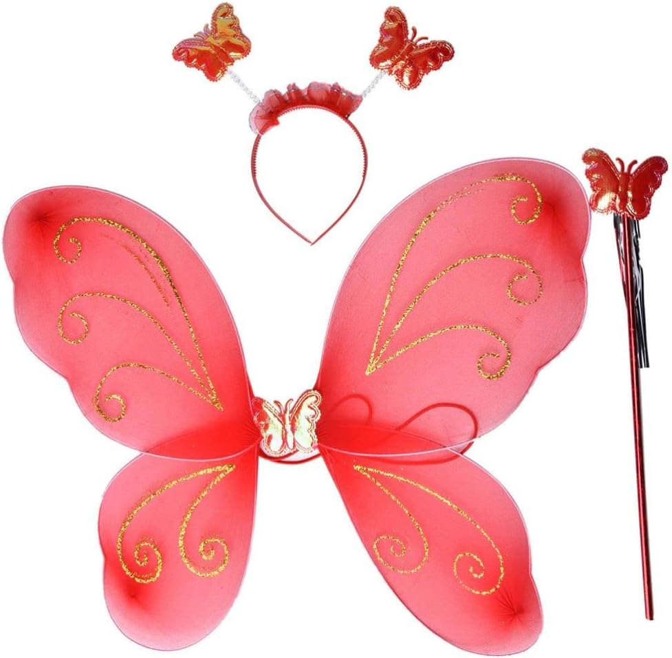 Fairy Butterfly Wings with Matching Hair Band and Magic Wand Costume for Baby Girls Birthday Party/Princess Accessories/Party Gift for Kids/Party Supplies (Pack of 1,Red)