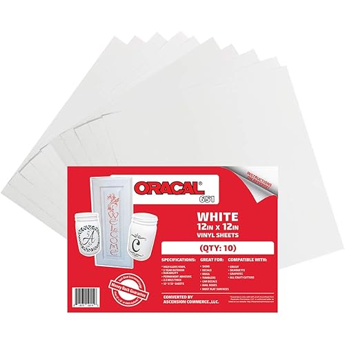 (10) 12" x 12" Sheets - Oracal 651 White Adhesive Craft Vinyl for Cricut, Silhouette, Cameo, Craft Cutters, Printers, and Decals - Gloss Finish - Outdoor and Permanent