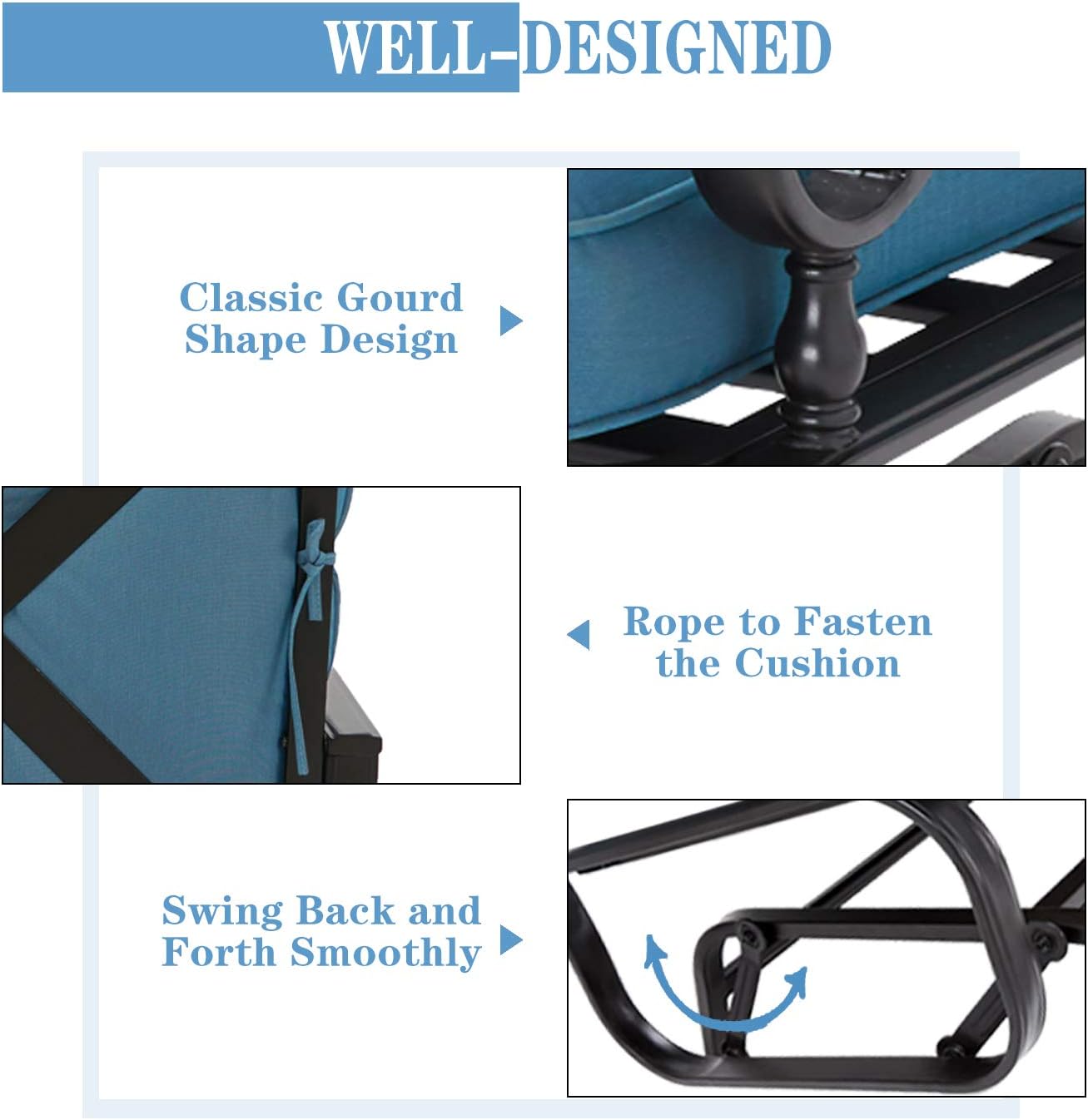 SOLAURA Patio Loveseat Outdoor Glider Swing Chair Patio Seating Dark Brown Wrought Iron Frame Lawn Chair with Thick Bench Cushions, Peacock Blue