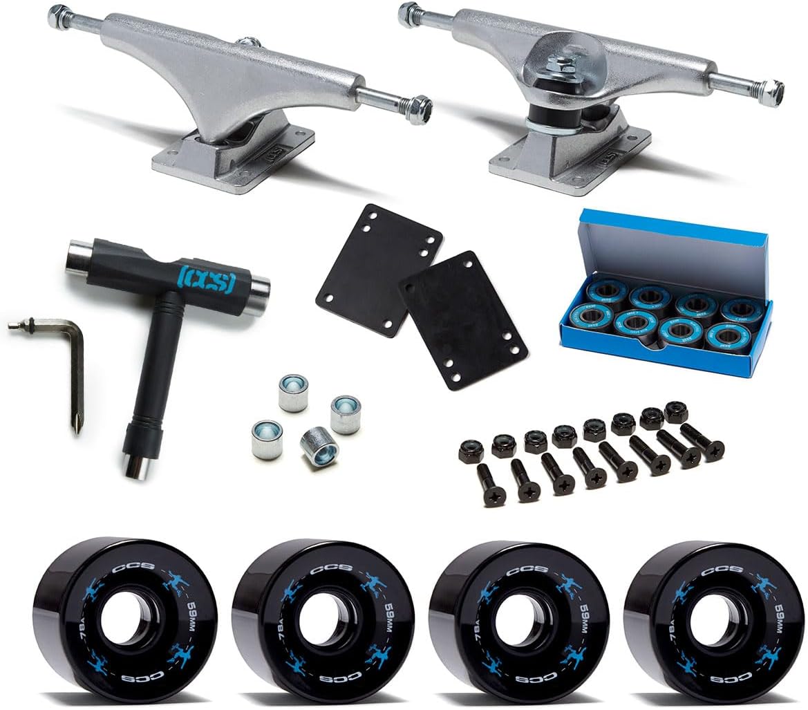 [CCS] Retro Cruiser Skateboard Assembly Kit | Set of 2 Trucks | 78A Wheels | ABEC 7 Bearings | 1.25" Mounting Hardware | 1/8" Riser Pads | Bearing Spacers | Skate Tool (Black, 129mm)