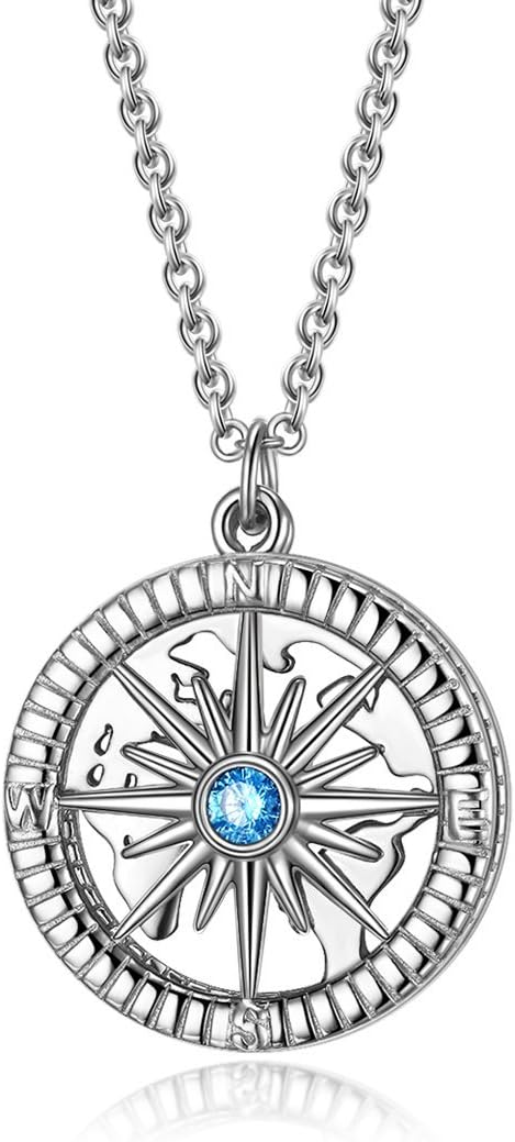 Compass Pendant Necklace Sterling Silver Navy Travel Map Necklaces for Women Men 18"