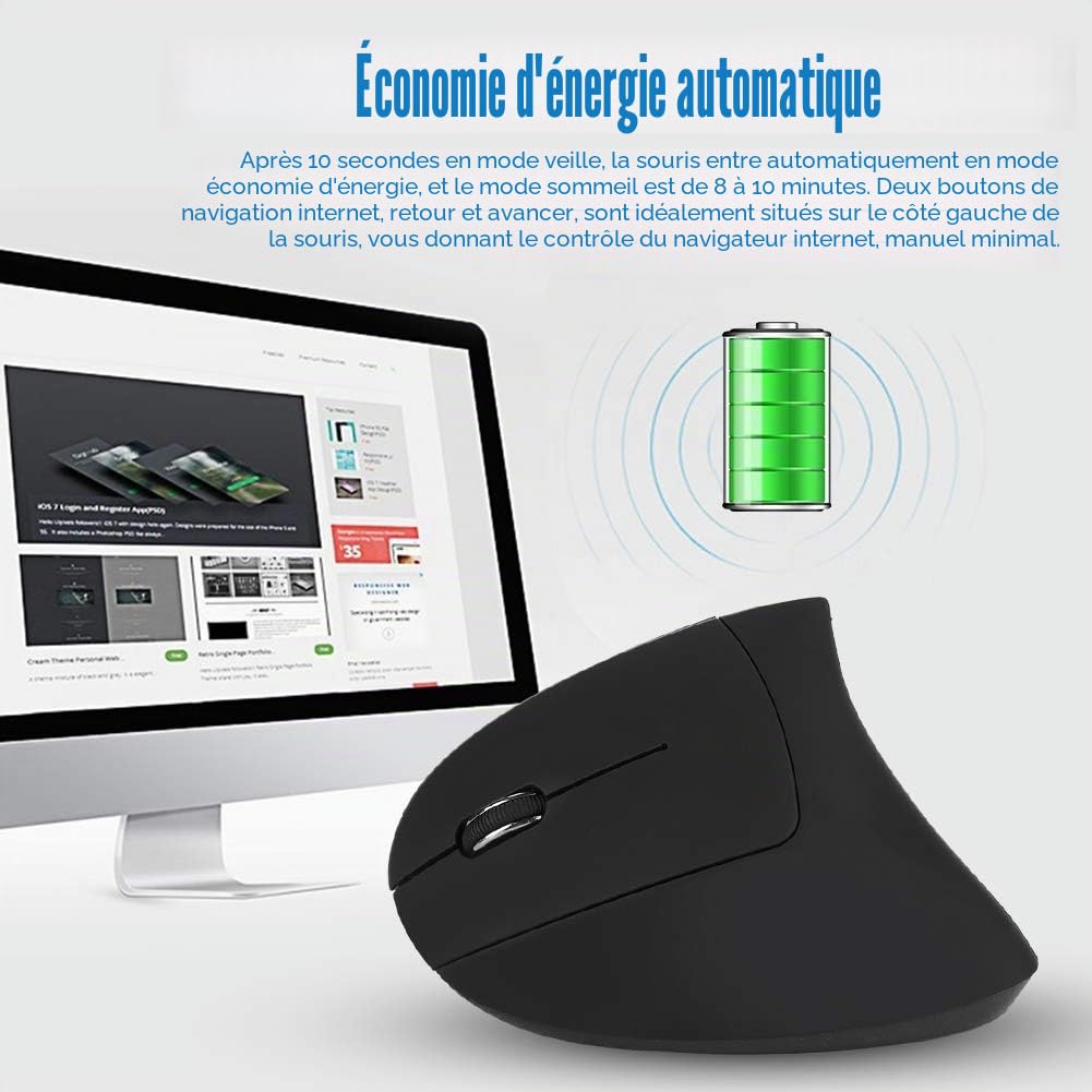 Souris pour gaucher, Souris Optique Ergonomique Verticale sans Fil USB 2,4 GHz pour Ordinateur Portable