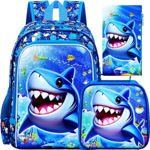 Image of 16 inch Shark Backpack for Boy, 3Pcs School Backpacks with Lunch Box, Kids Bookbag for Elementary Preschool Kindergarten(Blue)