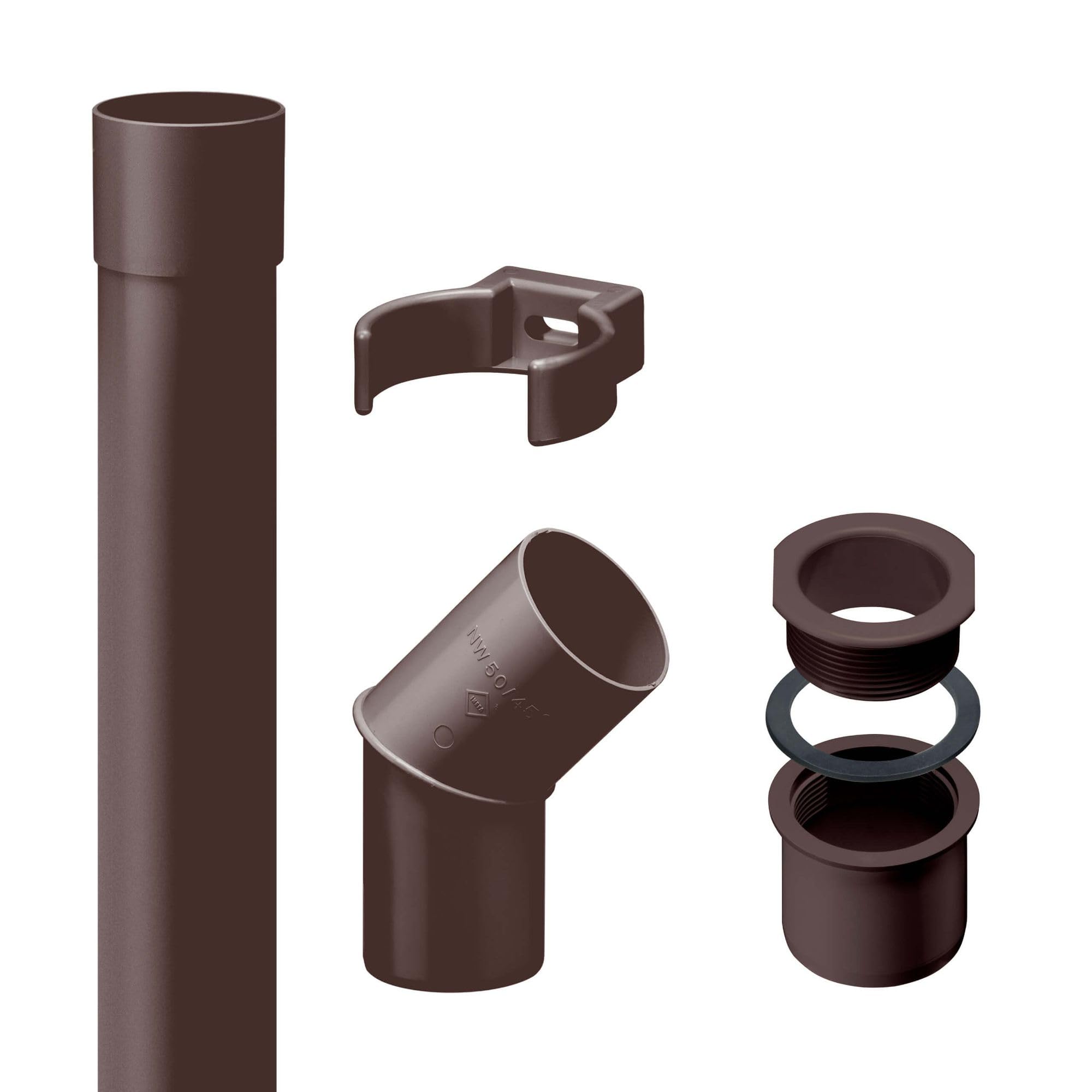 INEFA downpipe Set 50mm, PVC 2m Dark Brown Gutter Accessories, Simple Plug-in Installation, Made in Germany