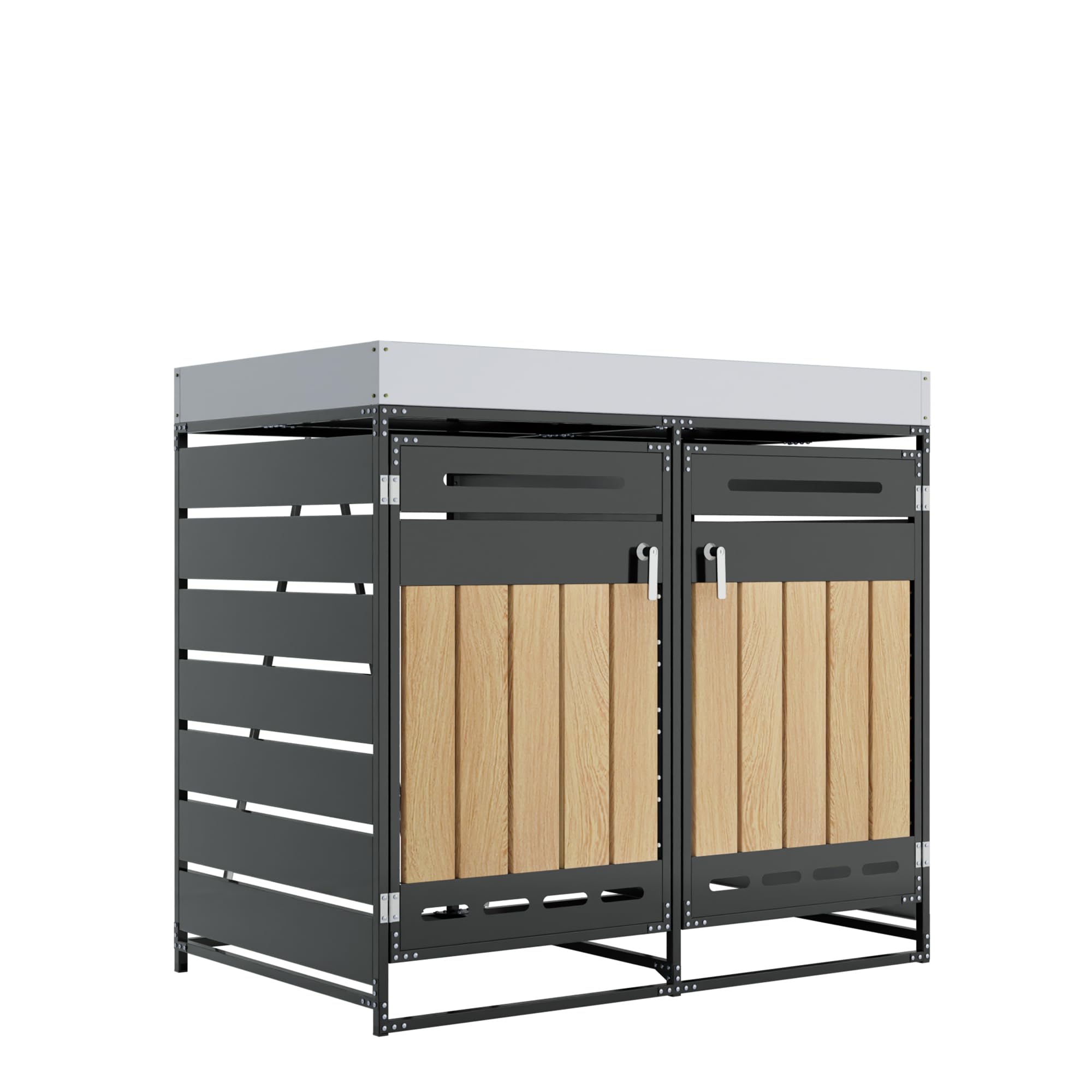 Merax Cubo de basura con 2 puertas, con jardinera, armario de almacenamiento de hierro para jardín, revestimiento de cubo de basura con cerradura para 2 toneladas, resistente a la intemperie y a la