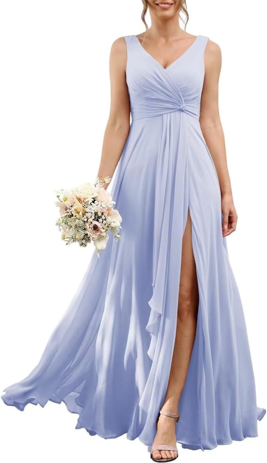 YIANN Lavender Bridesmaid Dresses Long with Slit V-Neck Chiffon Formal Evening Party Dress with Pockets 2024 UK6