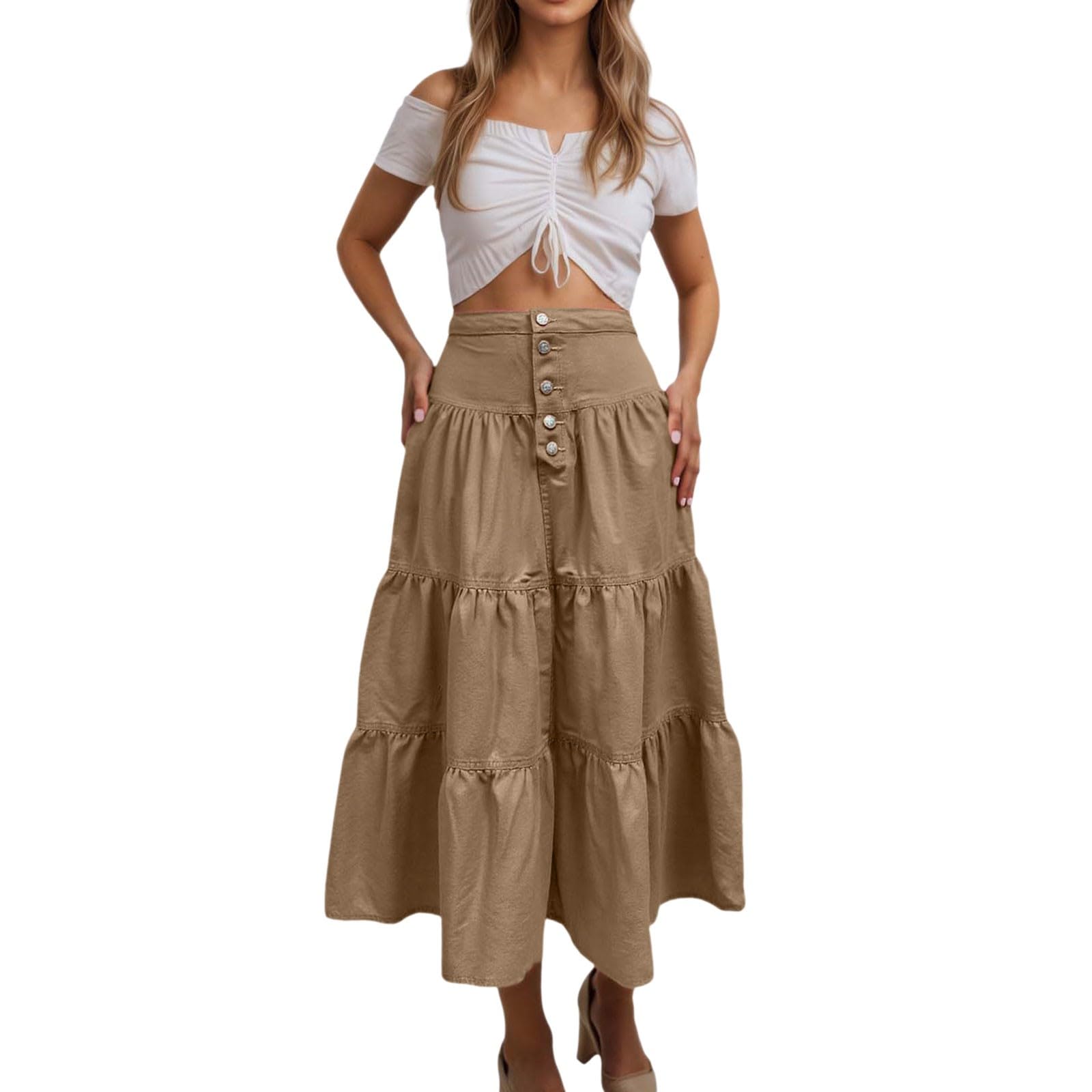 Generico Gonne Estive da Donna,Gonna Lunga in Denim da Donna A Vita Alta con Volant Fluenti Plissettata A Strati per Outfit Casual da Strada E per Le Feste