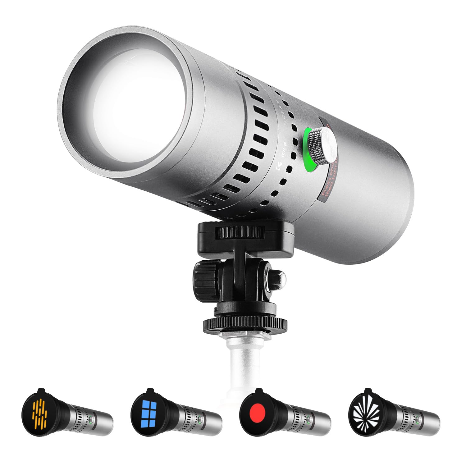 K&F CONCEPT SP25C 25W RGB LED Taschenlampe mit Gimbal,6500K Dimmbar & Zoombar DIY GOBO Light mit 9000mAh（3.7V）, 20 Lichtfiltern Fotografie Umgebungslicht, 30W Schnellladung Sunset Fülllicht, Silber
