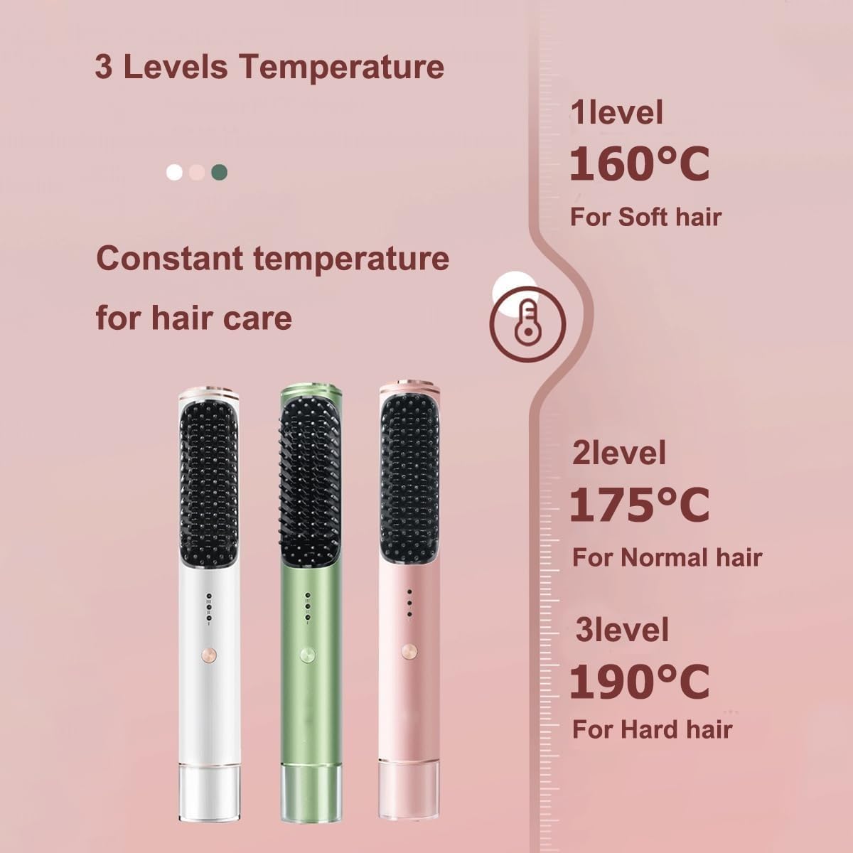 Bezprzewodowa szczotka prostująca włosy z 3 poziomami temperatury, automatycznym wyłączaniem, antyoparzeniowa, podgrzewana, podróżna, USB-C, typ C, przenośna prostownica do włosów - różowa