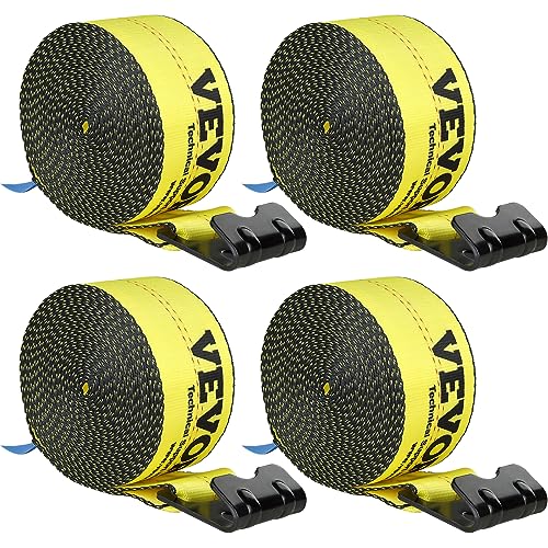 VEVOR Winch Straps, 4" x 30', 6000 lbs Load Capacity, 18000 lbs Break Strength, Truck Straps with Flat Hook, Flatbed Tie Downs Cargo Control for Trailers, Farms, Rescues, Tree Saver, Yellow (4 Pack) by VEVOR - Used condition - CA$43.92