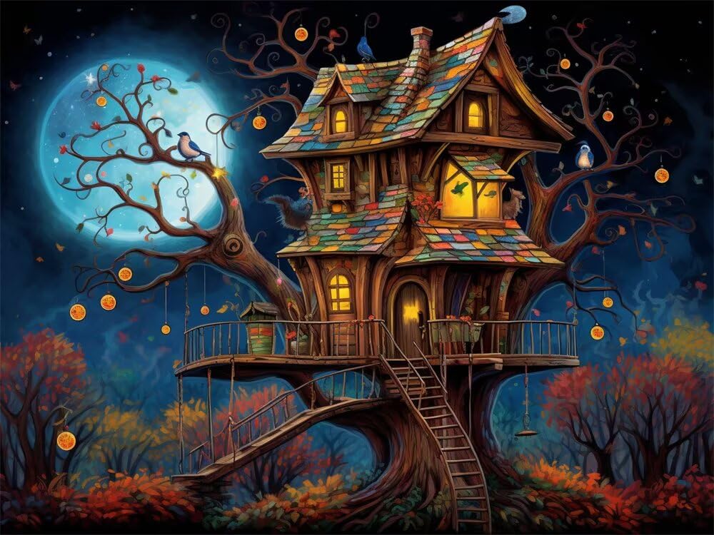 Diamond Painting Grande 70x50cm, 5D DIY Diamond Painting Casa En El Árbol Cuento de Hadas Pintura de Diamante para Adultos, Cuadro Diamantes Kits Pintar con Diamantes para Decoración del Hogar