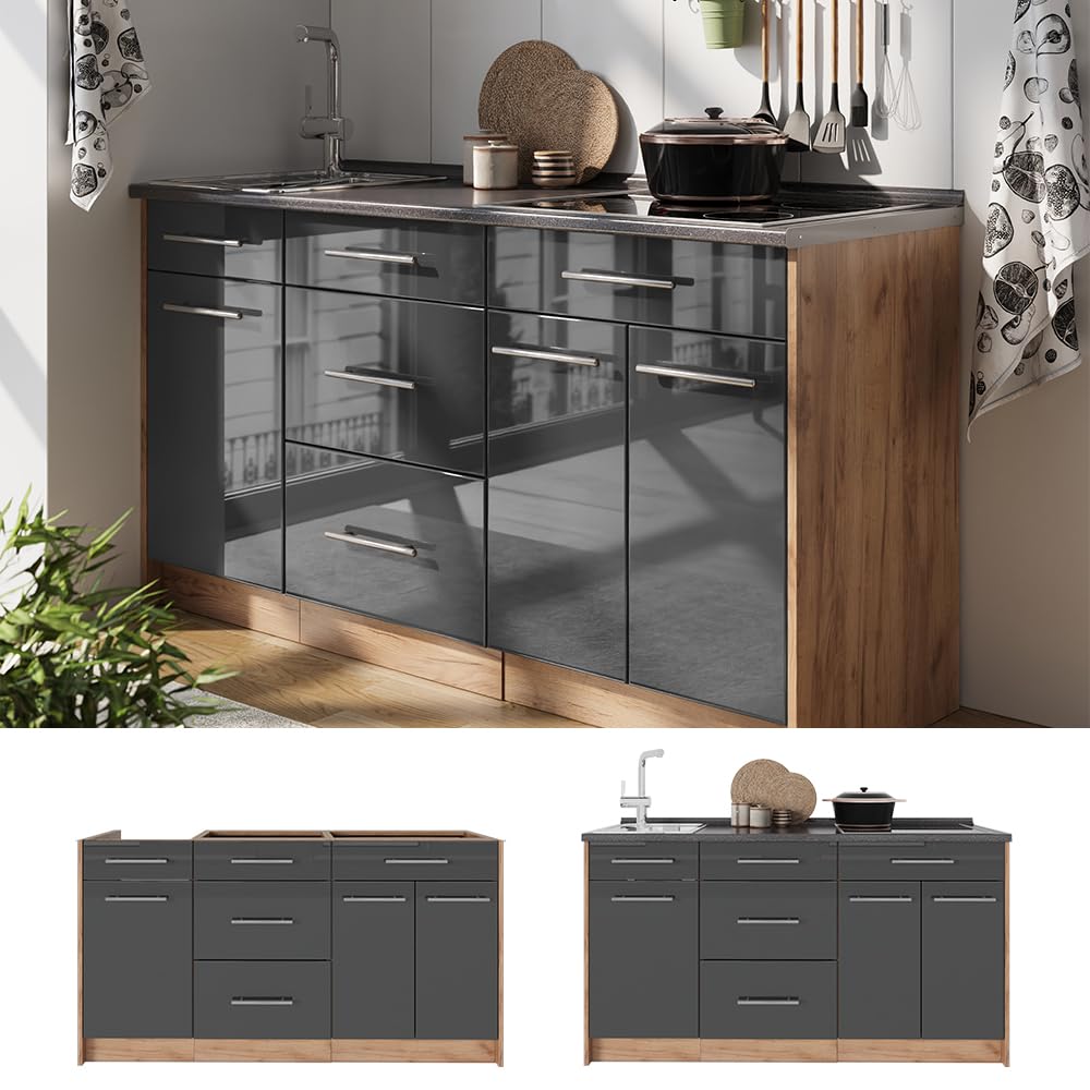 Vicco Küchenblock Fame-Line, Anthrazit Hochglanz, 150 cm | ohne Arbeitsplatte, zur individuellen Erweiterung mit kompatiblen Modulen