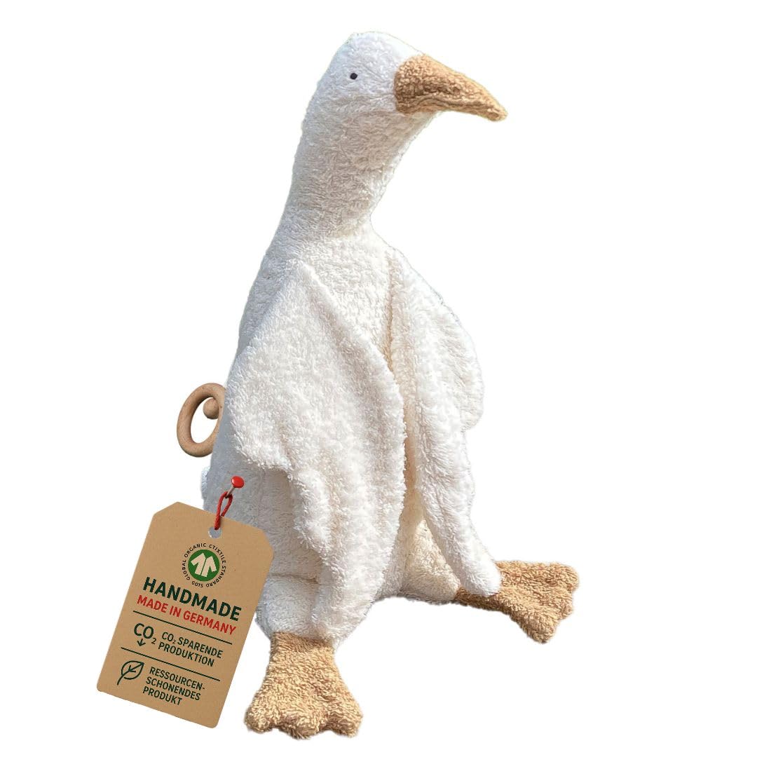 Efie Bio-Spieluhr Gans, Weiß, 100% Baumwollfrottee, Schurwolle-Füllung, GOTS-Zertifiziert, Handgefertigt, Made in Germany, 28 cm (Melodie: LaLeLu)