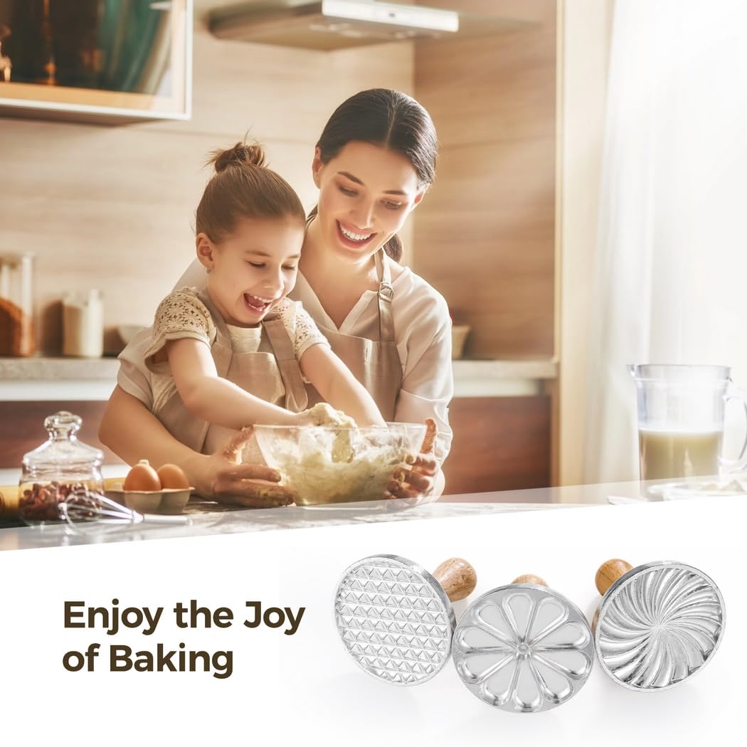 3 Stk. Metal Cookie Press Cutter mit Holzgriff, 3,1 Zoll Keksprägemuster aus Zinklegierung, Metal Cookie Embossers für DIY Backen, Cake und Pastry Dekoration, für Kuchen und Gebäck, 3 Muster