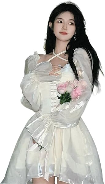 French White Fairy Elegant Dresses Womens Sweet Sen Kawaii Y2K Dress Party Lolita One Piece Dress Color White Dress, Size X-Large